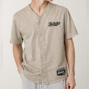 Hollister Tan Baseball Button Shirt Men’s Size L Short Sleeve